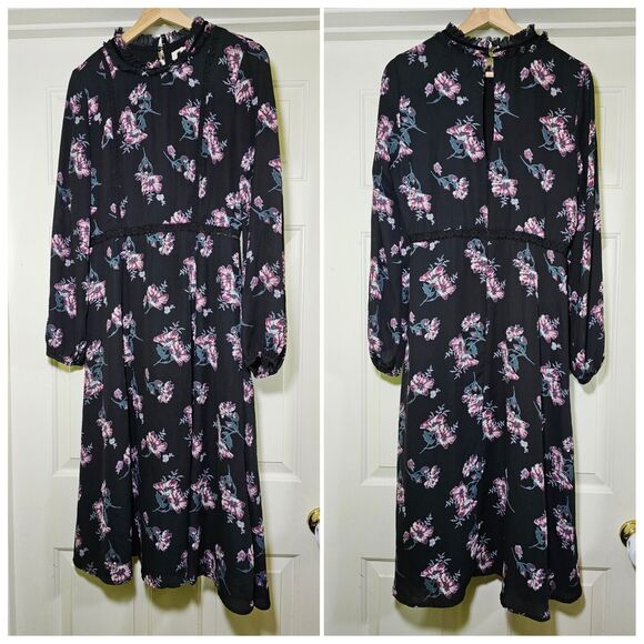 June & Hudson Dark Floral Print Prairie Dress Size Large Whimsygoth - Picture 1 of 11